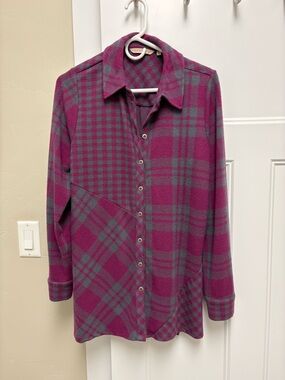 Soft Surroundings Pink and Gray Plaid Button-Up Tunic